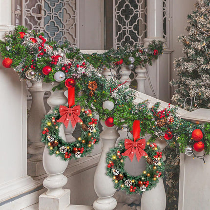 VIHOSE 4 Pcs Christmas Wreath 13'' Artificial Christmas Front Door Wreath Ornament with LED Light Xmas Wreath Red Bow Pine Cones Red Berries Pine Needle for Holiday Party Decoration Battery Operated