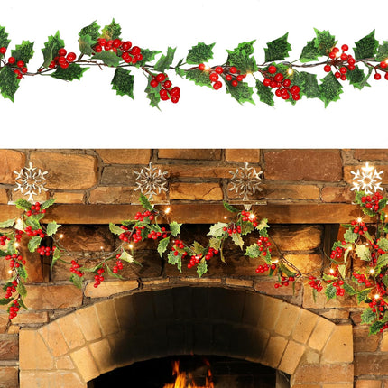 ATDAWN 9 FT Red Berry Christmas Lighted Garland, Battery Operated Christmas Garland with Lights, Flexible Artificial Pre Lit Garland for Indoor Fireplace Christmas Holiday Year Decoration, 2 Pack