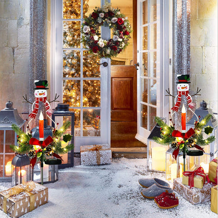 2 Pack Solar Christmas Light Outdoor Decoration Clearance, LED Candle, Snowman Christmas Light with Faux Pine Cones, Foliage Accents Garden Decorative Stake