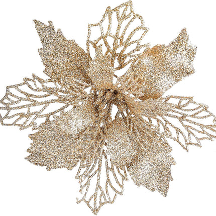 Zhenrui 12 pcs 6” Christmas Poinsettia Flower, Glitter Poinsettia Tree Ornaments, Champagne Artificial Flower Decorating Wreath Garland, Great for Wedding Holiday and Home Decor, with Stems