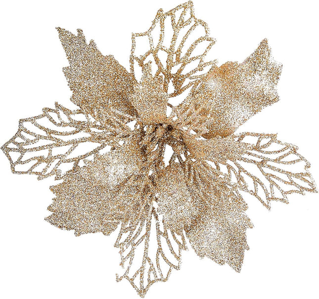Zhenrui 12 pcs 6” Christmas Poinsettia Flower, Glitter Poinsettia Tree Ornaments, Champagne Artificial Flower Decorating Wreath Garland, Great for Wedding Holiday and Home Decor, with Stems