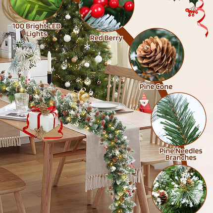 Brightown Christmas Garland with Lights, 9ft 100LED Battery Operated Garland Decorated with Pine Cones, Berry, 8 Light Modes & Timer, Indoor & Outdoor Christmas Lights for Stairs Fireplace Door Fences