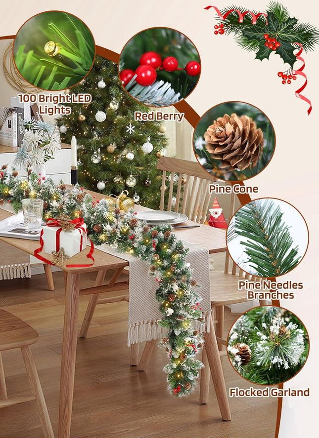 Brightown Christmas Garland with Lights, 9ft 100LED Battery Operated Garland Decorated with Pine Cones, Berry, 8 Light Modes & Timer, Indoor & Outdoor Christmas Lights for Stairs Fireplace Door Fences