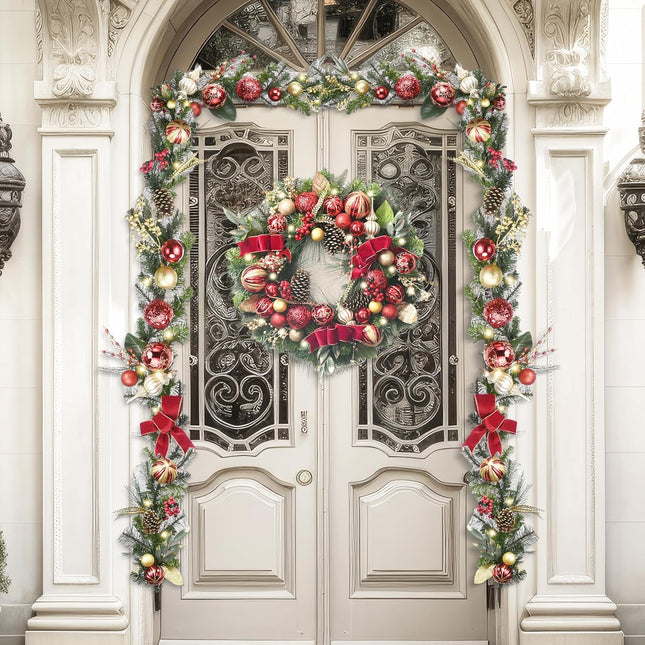 Valery Madelyn 9 feet Pre-Lit Christmas Garland with Lights for Mantle, Lighted Battery Operated Xmas Garland with Red Gold Balls for Front Door Fireplace Table Centerpiece Outdoor Window Home Decor