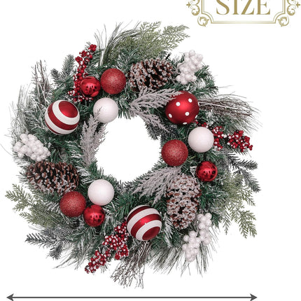 Valery Madelyn Pre-Lit Christmas Wreath for Front Door with Lights, 24 Inch Large Lighted Christmas Wreath with Red White Xmas Ball for Fireplace Window Outdoor Table Centerpiece Holiday Decoration