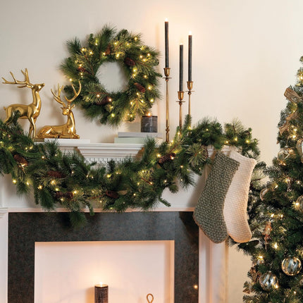 Sullivans 9' Prelit Christmas Garland, Christmas Decor, Garland Christmas Decorations, Artificial Pine Garland For Mantle with Lights, Pinecone Accents, Warm White Lights, Battery Timer, Holiday Decor