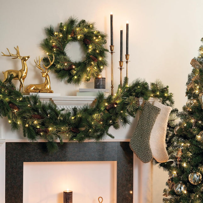 Sullivans 9' Prelit Christmas Garland, Christmas Decor, Garland Christmas Decorations, Artificial Pine Garland For Mantle with Lights, Pinecone Accents, Warm White Lights, Battery Timer, Holiday Decor