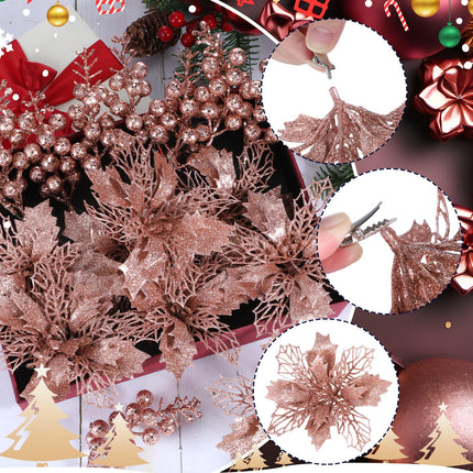 Ceenna 132 Pcs Christmas Tree Ornaments Set Glitter Poinsettia Flowers 2.36 inch Christmas Balls Snowflakes Decorations Artificial Berry Picks for Xmas Tree Wreath, Hooks Included (Rose Gold,Delicate)