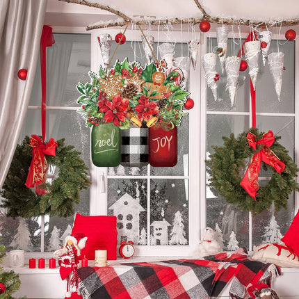 Whaline Christmas Wooden Hanging Sign Xmas Floral Welcome Door Sign Christmas Noel Joy Mason Jar Wood Door Hanger for Christmas Year Farmhouse Home Office Window Decoration