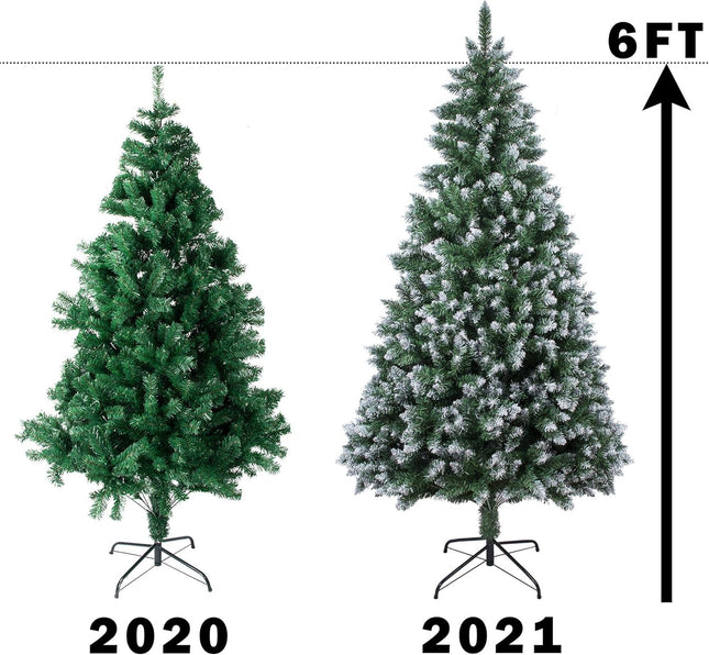 6FT 1,300 Tips Artificial Christmas Pine Tree Fake Xmas Spruce Trees Holiday Decoration with Metal Stand Easy Assembly for Outdoor and Indoor Decor Snow Green