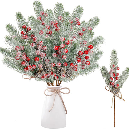 Sggvecsy 6 Pack Snow Frosted Christmas Berries Pine Picks Artificial Red Berry Pine Branches Faux Pine Stem with Pine Cones for Xmas Tree Wreath DIY Craft Floral Arrangement Holiday Decor (Red)