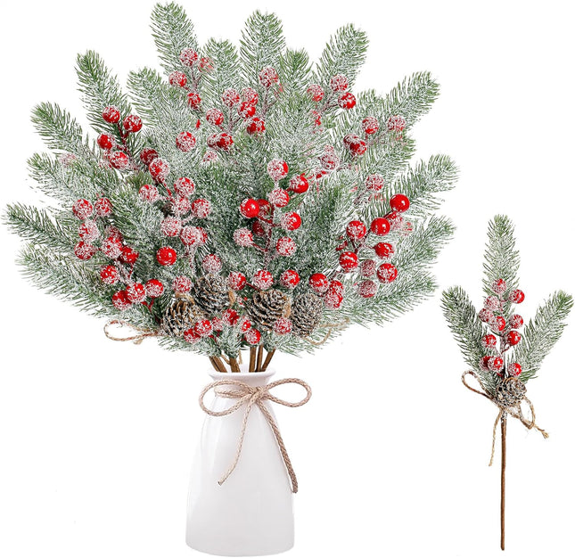 Sggvecsy 6 Pack Snow Frosted Christmas Berries Pine Picks Artificial Red Berry Pine Branches Faux Pine Stem with Pine Cones for Xmas Tree Wreath DIY Craft Floral Arrangement Holiday Decor (Red)
