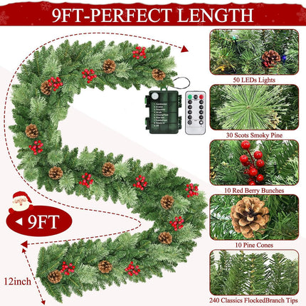 8 Modes & Remote Control - 9Ft Pre-Lit Christmas Garland, Christmas Decorations Artificial Garland with Timer 50 LEDs Pine Cones Berried Smokey Pine Bristle, Xmas Garland for Christmas Decor Indoor