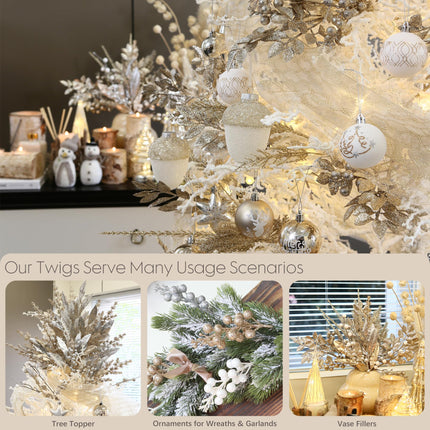 Sea Team 36-Pack Artificial Glitter Acacia Twigs, Decorative Sticks, Glittery Leaves, Stems, Picks, Branches for Christmas Tree, Wreath, Vase Fillers for Centerpieces, Home Décor, Champagne