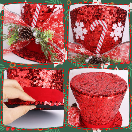 Christmas Tree Topper Hat, Red Candy Cane Bow Christmas Tree Top Toppers with 6.5ft Ribbon Light, Shiny Xmas Santa Tree Toppers Christmas Decorations for Holiday Decor