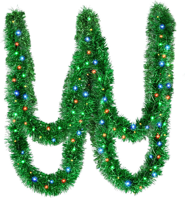Christmas Garland Prelit Tinsel 32.8 Ft, Green Metallic Garlands with 100 LED Lights for Christmas Tree Wreath Year Party Home Railing Holiday Indoor Outdoor Wedding Decorations