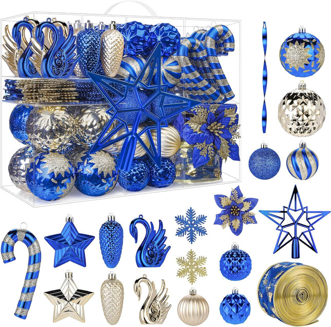 128pcs Christmas Balls Ornaments Set, Shatterproof Plastic Baubles Christmas Flower, Ribbon and Tree Topper for Xmas Tree Holiday Wedding Party Decorations with Hanging Strings, Blue and Gold