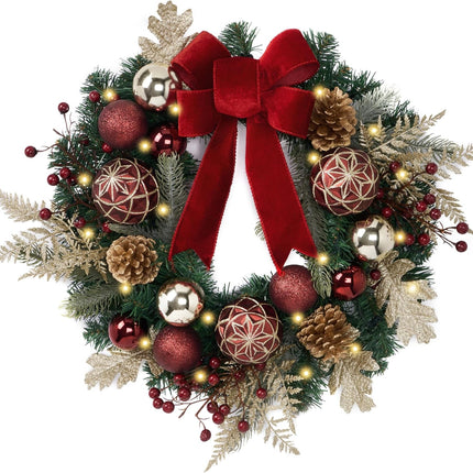 Valery Madelyn Pre-Lit Christmas Wreath for Front Door with Light, 20 Inch Large Lighted Christmas Wreath with Red Gold Xmas Ball for Fireplace Window Outdoor Table Centerpiece Holiday Home Decoration