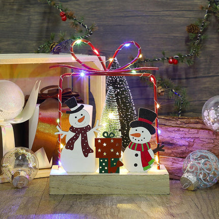 Lulu Home Christmas Tabletop Decoration, Wooden Pre-lit Xmas Snowmen Boxes Ornament with Metal Frame, Battery Operated LED Light Up Holiday Sign for Indoor Mantel Shelf Decor