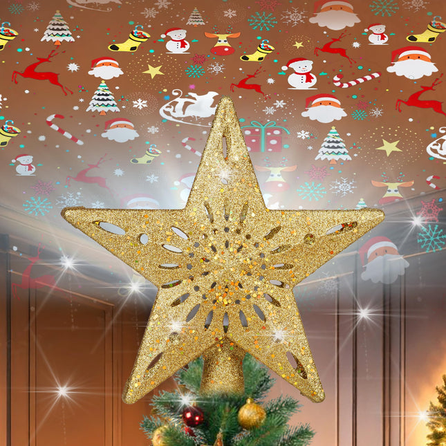 Christmas Star Tree Topper - Lighted with 6 Projection Modes Built-in Festive LED Rotating Lights Holiday Xmas Party Decoration for Christmas Trees(Gold)