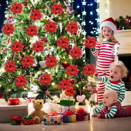 Poinsettias Glitter Artificial Christmas Flowers,20Pcs 5.5" Christmas Tree Decor Christmas Ornaments Glitter Poinsettia with Clips , Christmas Decorations for Xmas Tree Wedding Party Holiday Red
