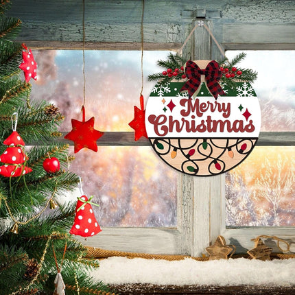 OLMIXA Merry Christmas Wreath Wooden Sign (12x12 inch), Bright Christmas Welcome Front Door Hanger, Xmas Winter Holiday Decorative Signs for Farmhouse Garden Porch Decor