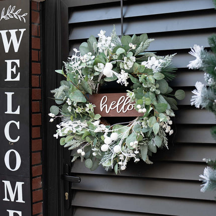 Winter Christmas Wreaths Front Door Decoration, Soomeir Artificial Wreath with Snow Leaves, Pines Needles and Hello Wooden Sign for Home Window Mantle Indoor Outdoor Decor