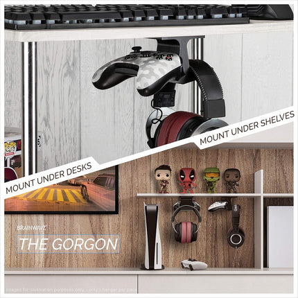 [EOL] The Gorgon - Under Desk Gamepad Controller & Headphone Hanger (2 Pack), for Xbox, PS4, PS5, Dualshock, Series One, Steelseries, PC & Most Gaming Headsets, Screwless Holder Stand, Black [EOL]