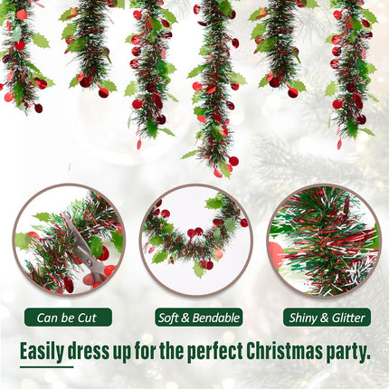 33 Ft Christmas Tinsel Garland, Green Glitter Xmas Tree Decorations with Frost Tip Leafs and Red Berry Shapes, Metallic Fluffy Hanging Party Ornaments for Ceiling Stairs