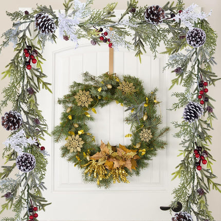 Winlyn 2 Pack 6' Snowy Artificial Pine and Cedar Christmas Garland Pine Cones Red Berries Winter Greenery Garland Christmas Wedding Winter Seasonal Holiday Table Runner Centerpiece Mantel Decoration