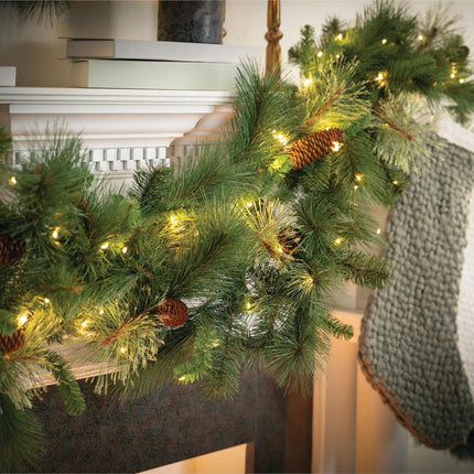Sullivans 9' Prelit Christmas Garland, Christmas Decor, Garland Christmas Decorations, Artificial Pine Garland For Mantle with Lights, Pinecone Accents, Warm White Lights, Battery Timer, Holiday Decor
