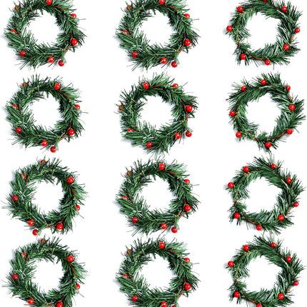 Dolicer 12 PCS Christmas Candle Rings Wreath, 3 Inch Mini Christmas Wreath with Red Berry Pillar Candle Holder Rings Wreaths Pine Needles Candle Rings for Rustic Wedding Festival Table Decoration