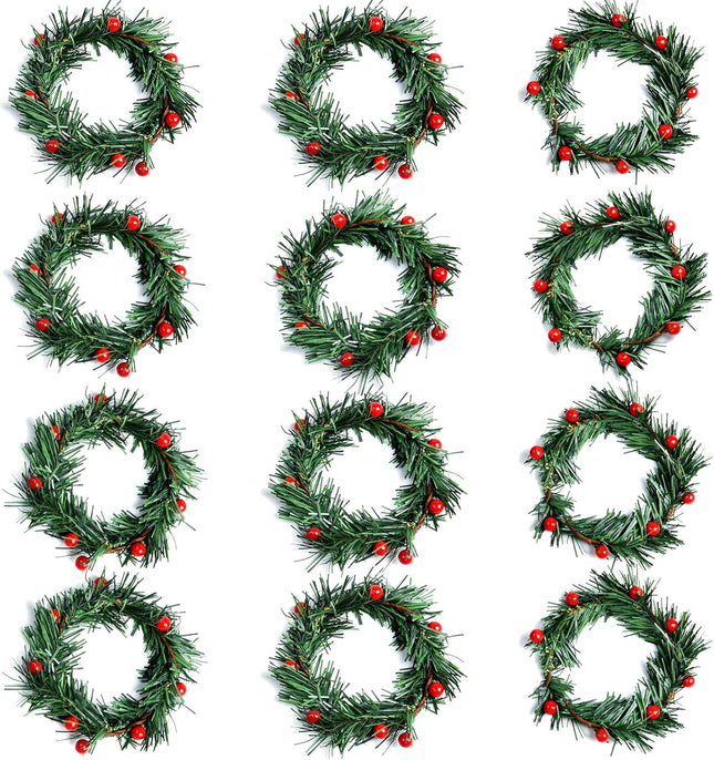 Dolicer 12 PCS Christmas Candle Rings Wreath, 3 Inch Mini Christmas Wreath with Red Berry Pillar Candle Holder Rings Wreaths Pine Needles Candle Rings for Rustic Wedding Festival Table Decoration