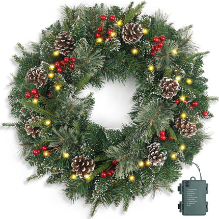Christmas Wreath Snowy Pre-lit 24 inch with 50 Light & Pine Cone, Artificial Christmas Wreaths for Front Door with Lights, Wreath for Christmas Decoration Door Windows Wall Green