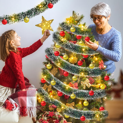 Christmas Tree Garland Set 49Ft Christmas Green Frost Tip Tinsel Garland with Lights Christmas Tree Star Topper and 24 Pack Mini Christmas Ornaments Balls for Xmas Decor Supplies