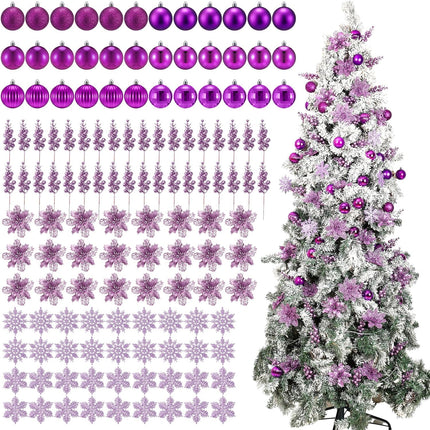 Ceenna 132 Pcs Christmas Tree Ornaments Set Glitter Poinsettia Flowers 2.36 inch Christmas Balls Snowflakes Decorations Artificial Berry Picks for Xmas Tree Wreath, Hooks Included (Purple,Lovely)