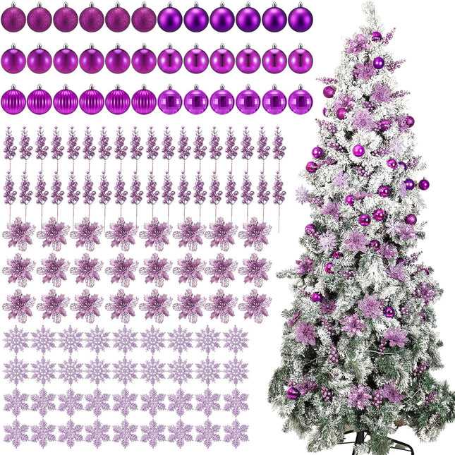 Ceenna 132 Pcs Christmas Tree Ornaments Set Glitter Poinsettia Flowers 2.36 inch Christmas Balls Snowflakes Decorations Artificial Berry Picks for Xmas Tree Wreath, Hooks Included (Purple,Lovely)