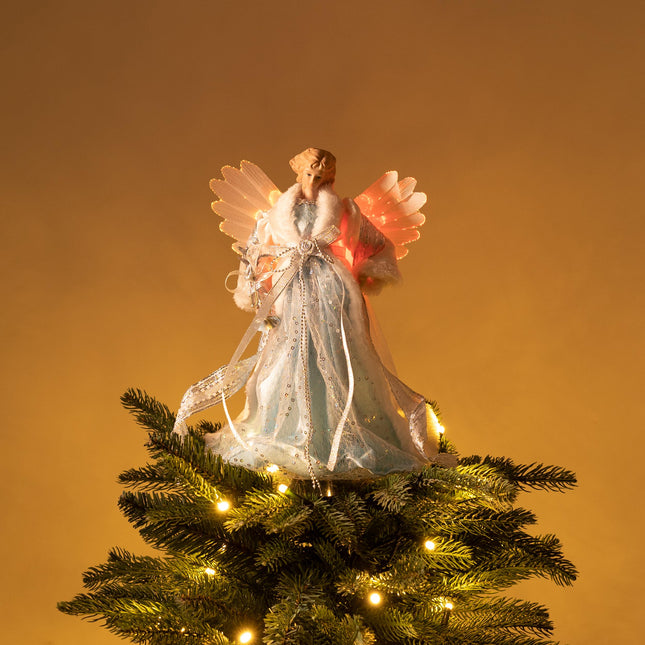 Valery Madelyn 12 Inch Lighted Christmas Angel Tree Topper, Luxury Sliver White Angel Tree Top Figurine with Mutil-Color LED Lights for Christmas Tree Decoration, Battery Operated