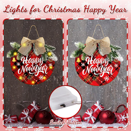 2 Sets Merry Christmas Wreaths Hanging Sign Wooden Buffalo Plaid Decorations, Welcome Wreath Sign for Front Door, Hanging Sign with Light for Farmhouse Porch and Kitchen Happy Years Decorations