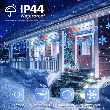 Christmas Snowflake Icicle Lights,6.5ft 144LED Curtain Lights with 12 Drops,Timer 8 Modes Connectable,Waterproof Fairy Light for Eaves, Garden, Indoor Outdoor Xmas Decoration (Blue White)