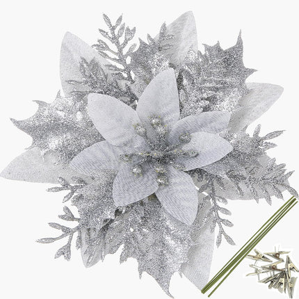15pcs Christmas Silvery Poinsettia Flowers Artificial with Clips and Stems Christmas Tree Ornaments Glitter Poinsettia Christmas Decorations for Xmas Wreath Holiday Party Décor
