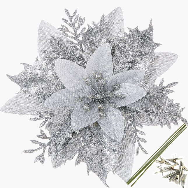 15pcs Christmas Silvery Poinsettia Flowers Artificial with Clips and Stems Christmas Tree Ornaments Glitter Poinsettia Christmas Decorations for Xmas Wreath Holiday Party Décor