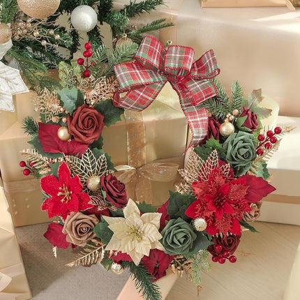 Christmas Flowers Artificial,Red Poinsettias Artificial Christmas Flowers and Greenery Deluxe Combo Set for DIY Tree Ornaments Xmas Wreath Floral Arrangements Centerpieces