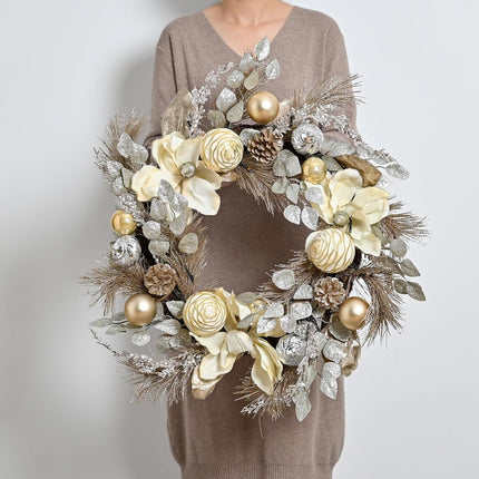 Valery Madelyn 24 Inch Pre-Lit Christmas Wreath for Front Door with Lights, Large Lighted Christmas Wreath with Champagne Gold Xmas Balls for Fireplace Window Outdoor Table Centerpiece Home Decoration