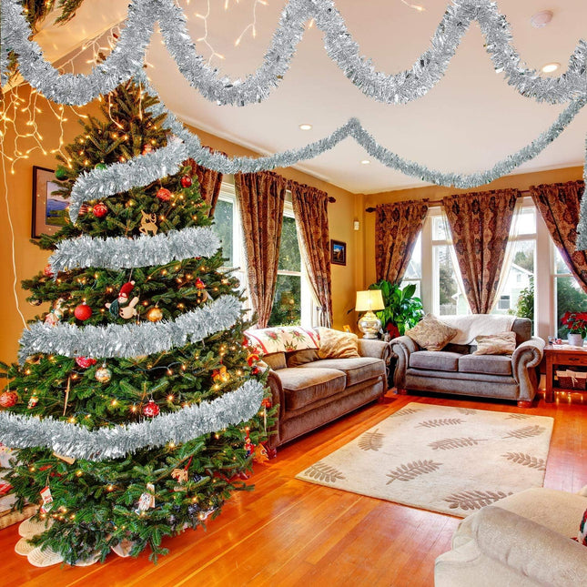 WILLBOND 50 Feet Christmas Silver Tinsel Garland Metallic Tinsel Twist Garland Christmas Tree Decorations Birthday Wedding Year Hanging Decorations Party Supplies, 3 Inch