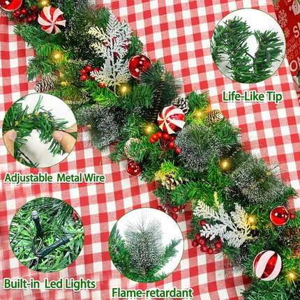 6 Ft Prelit Christmas Garland Decoration with 30 Lights Timer 8 Modes 20 Snowy Bristle Pine,12 Ball Ornaments, 12 Pinecones,132 Red Berries,4 Cypress Leaves Battery Operated for Home Indoor Xmas Decor