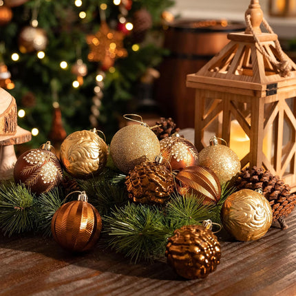 Valery Madelyn Christmas Ornaments Set, 35ct 2.76 Inches Brown Copper and Gold Shatterproof Christmas Tree Decorations, Woodland Bronze Hanging Ball Ornaments Bulk for Thanksgiving Xmas Holiday Decor