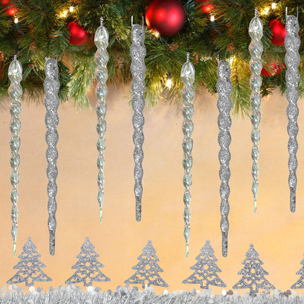 Icicle Ornaments for Christmas Tree - Set of 48 Assorted Shatterproof Icicles - 24 Glitter Silver Icicles and 24 Clear Iridescent Icicles - 5" Long
