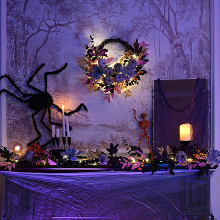 Valery Madelyn Halloween Silk Flower Pumpkin Garland for Mantle with Lights, 6ft Falloween Garland Decorations Indoor for Fall Table Centerpiece Front Door Stair Autumn Party Holiday Home Decor