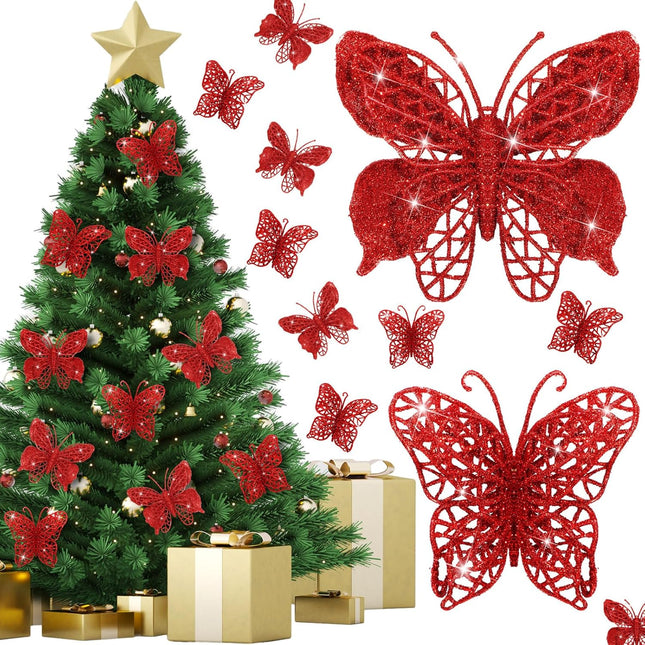 Liliful 32 Pcs Christmas Glitter Butterfly Ornament with Clip Hollow Butterfly Xmas Decoration Artificial Hanging Butterfly Clip Decor for Christmas Tree Wedding Wreath Party Supply,2 Size (Red)